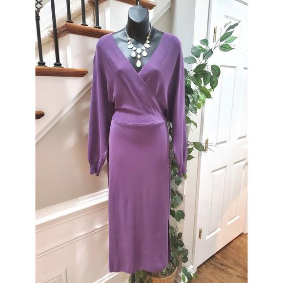 Womens Purple Viscose Wrap V Neck Long Sleeve Raglan Long Maxi Dress Size Large - Picture 12 of 12
